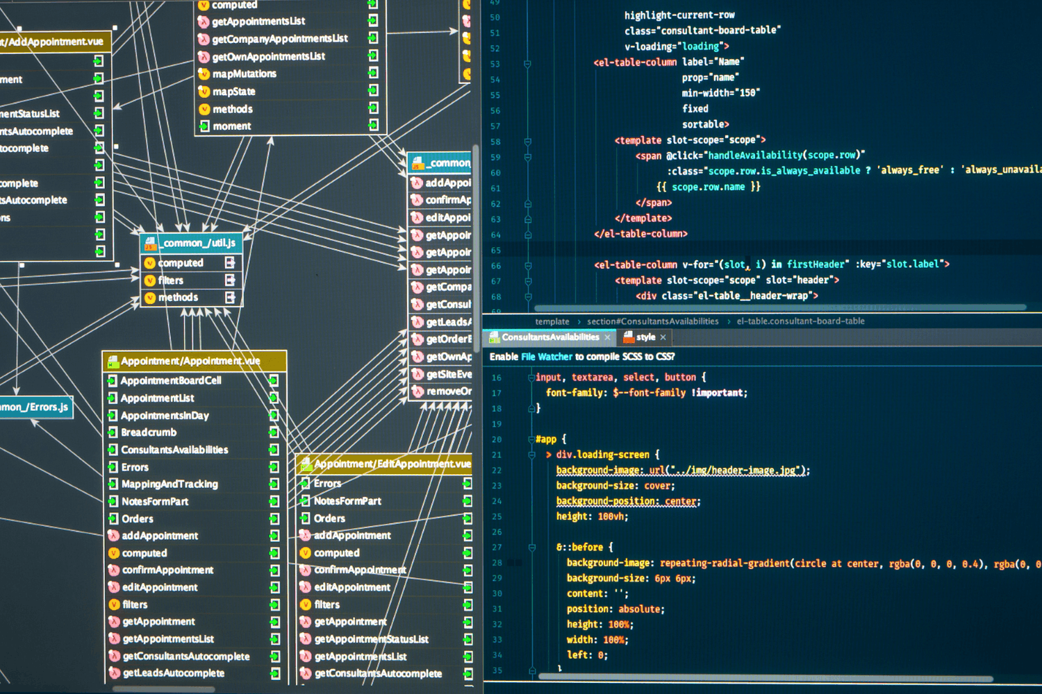 Softwarearchitektur mit Code, Systemstruktur und Abhängigkeiten in einer Entwicklungsumgebung.