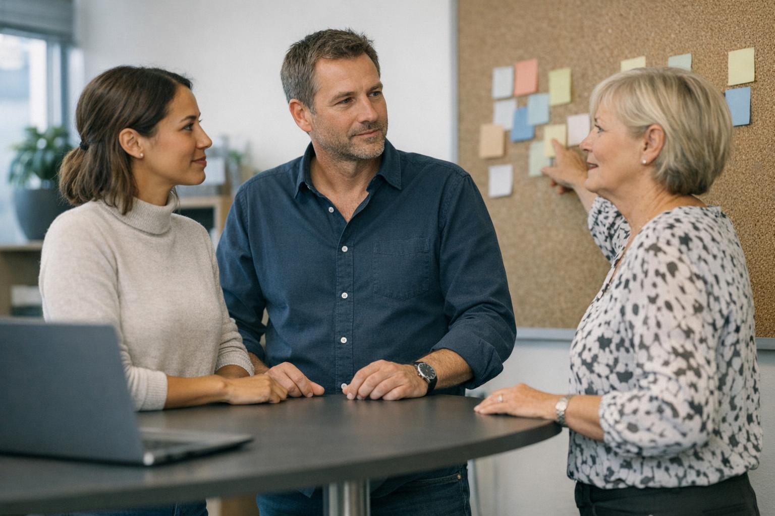 Team bespricht Geschäftsprozessoptimierung an einem Board mit Prozessnotizen.
