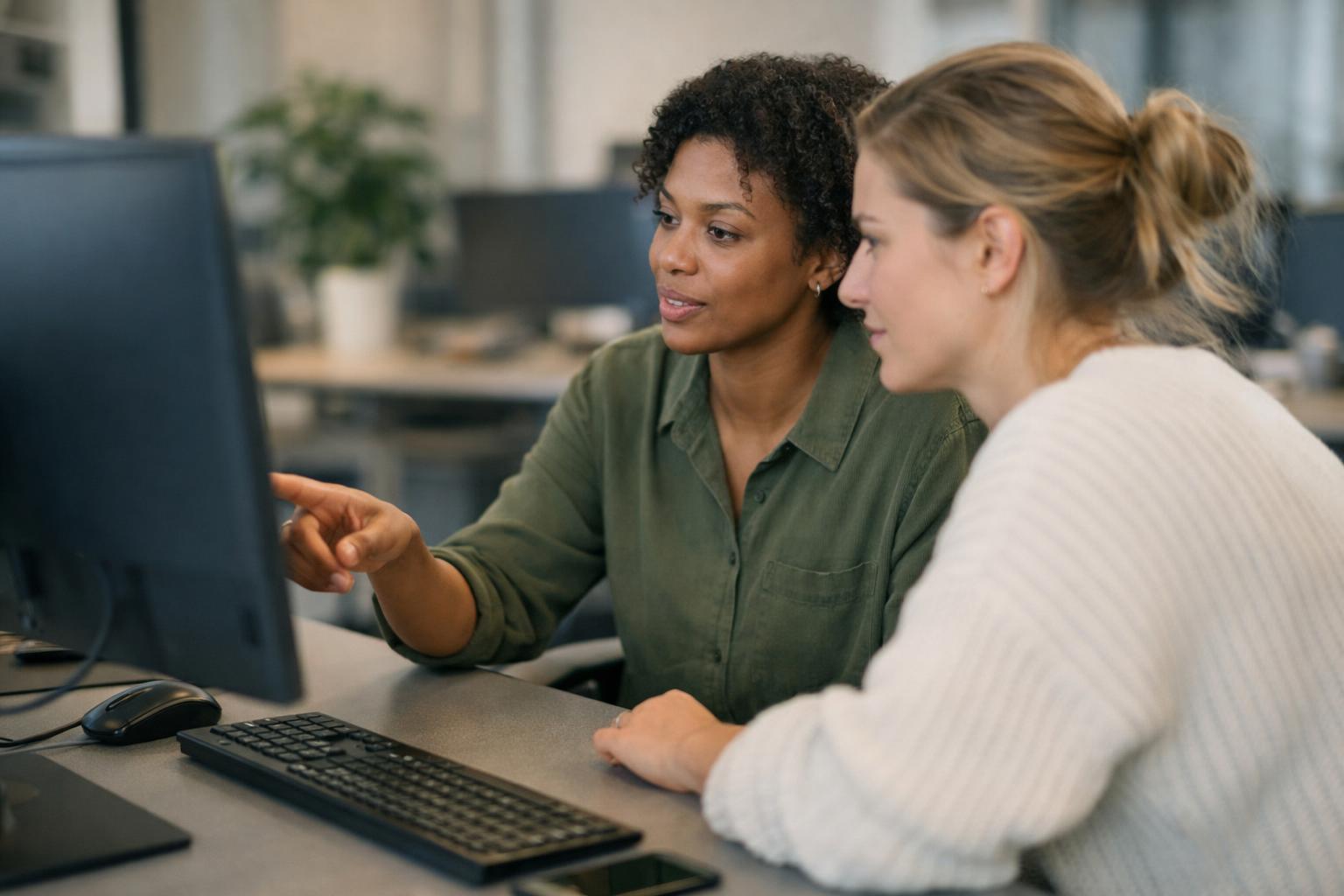 Zwei Entwicklerinnen besprechen Softwarearchitektur und Modularisierung eines Anwendungssystems am Bildschirm.