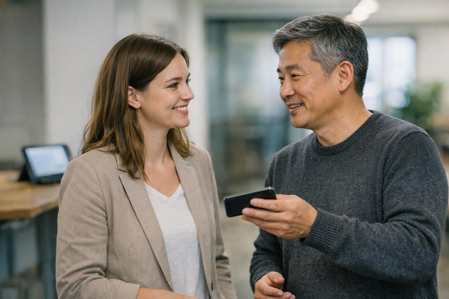 Mitarbeitende besprechen digitale Freigaben und mobile Workflows Mitarbeitende besprechen digitale Freigaben und mobile Workflows im Unternehmen.