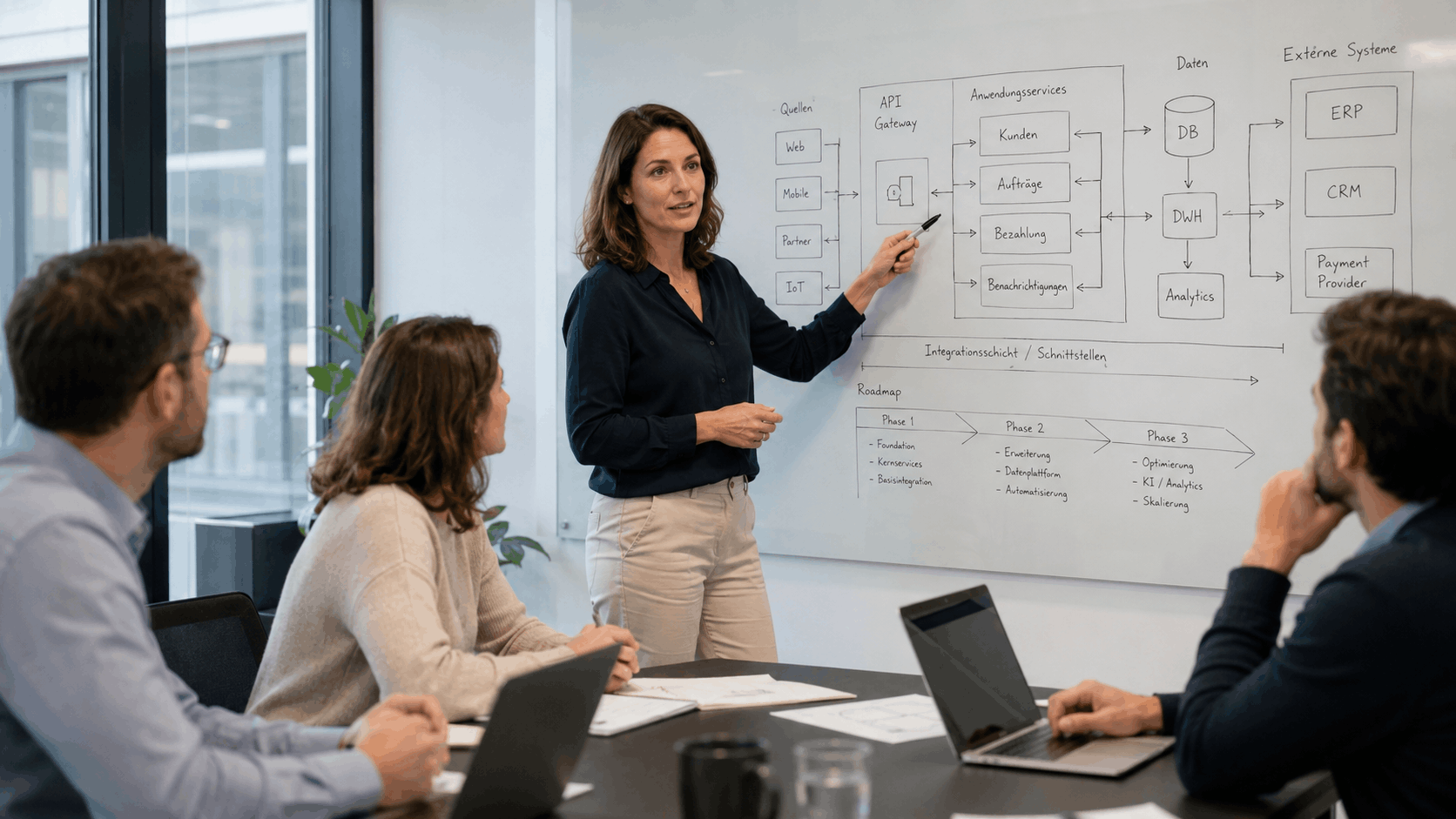 Workshop zur Systemarchitektur im Unternehmen mit Zielbild, Schnittstellen und Roadmap am Whiteboard