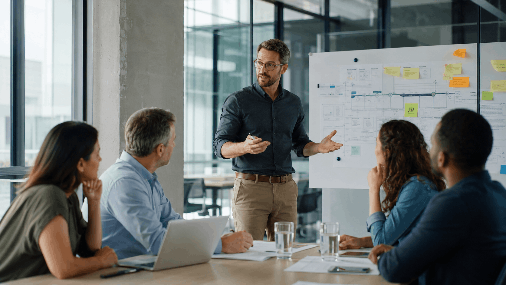 Projektmanagement im Unternehmen: Projektleiter erläutert Projektplan und Entscheidungswege im Teammeeting