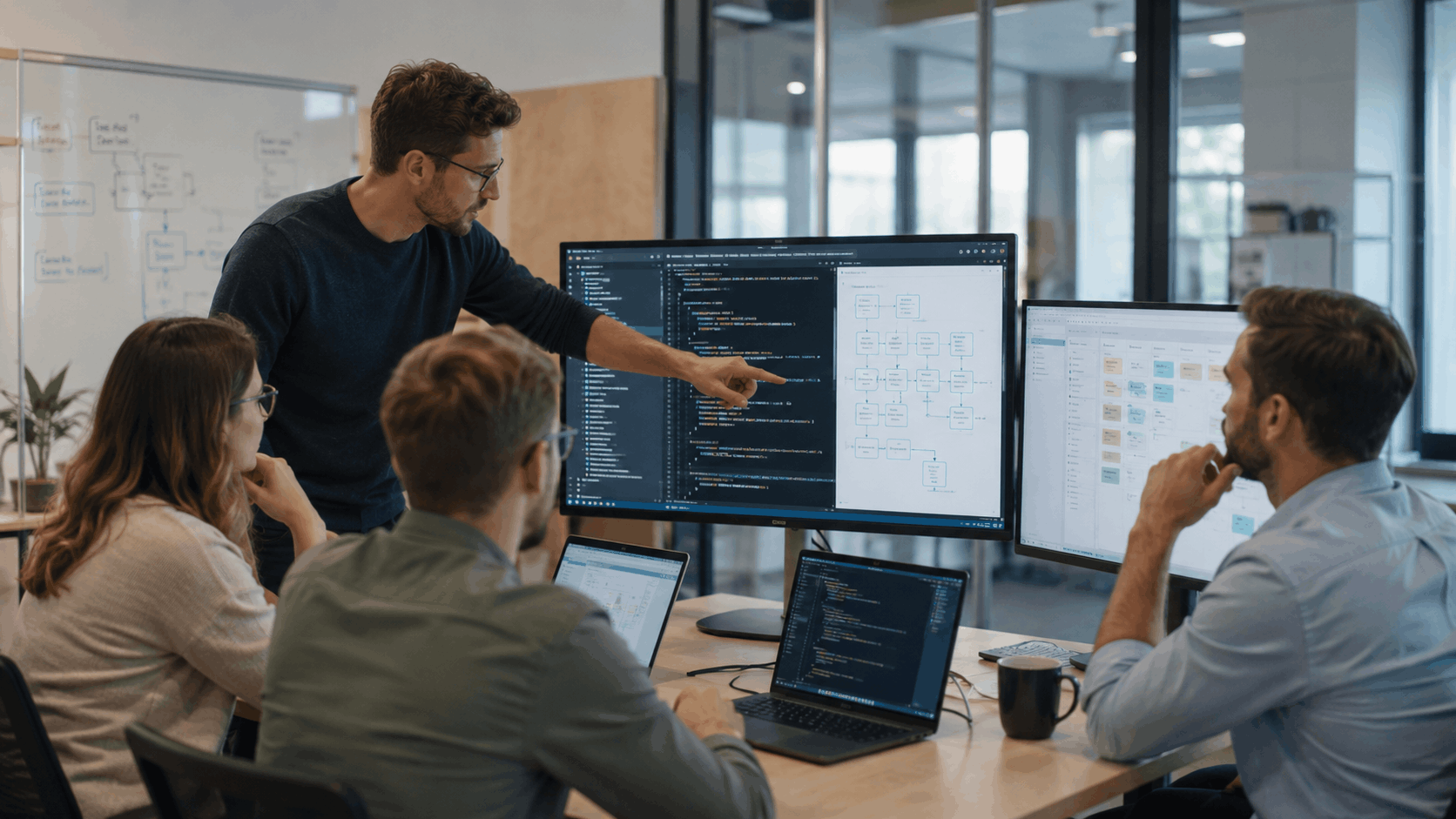 Softwareentwicklung im Unternehmen: Team bespricht Code, Systemlogik und Umsetzung in einem modernen Büro