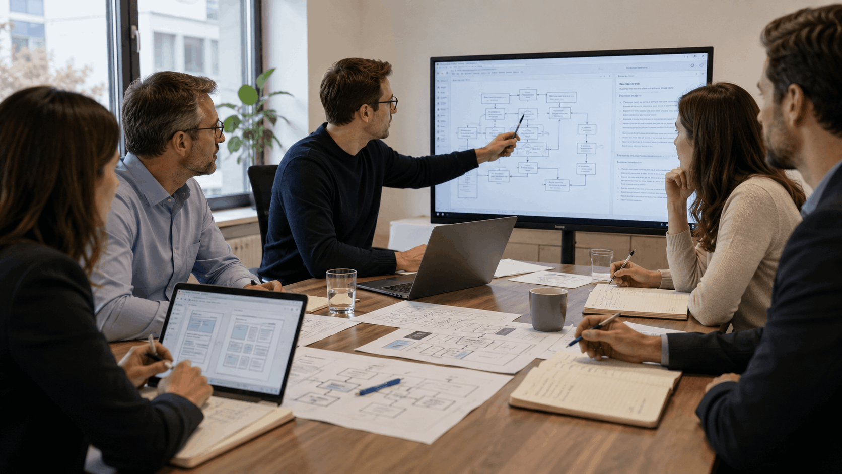 Team bespricht Anforderungen und Prozesslogik in einem Requirements Engineering Workshop