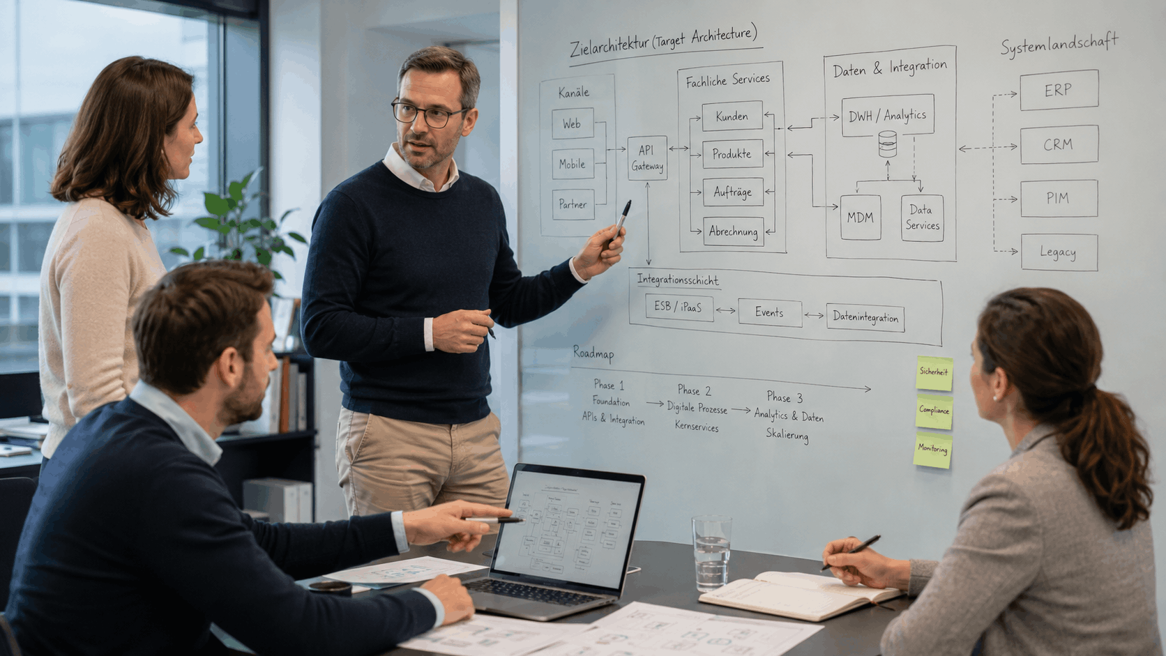 Team bespricht Zielarchitektur, Integrationsschicht und Roadmap für eine Systemlandschaft