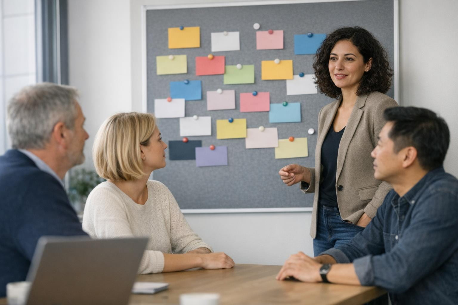 Projektmanagement im Unternehmen: Team klärt Rollen, Verantwortlichkeiten und nächste Schritte an einer Projektwand