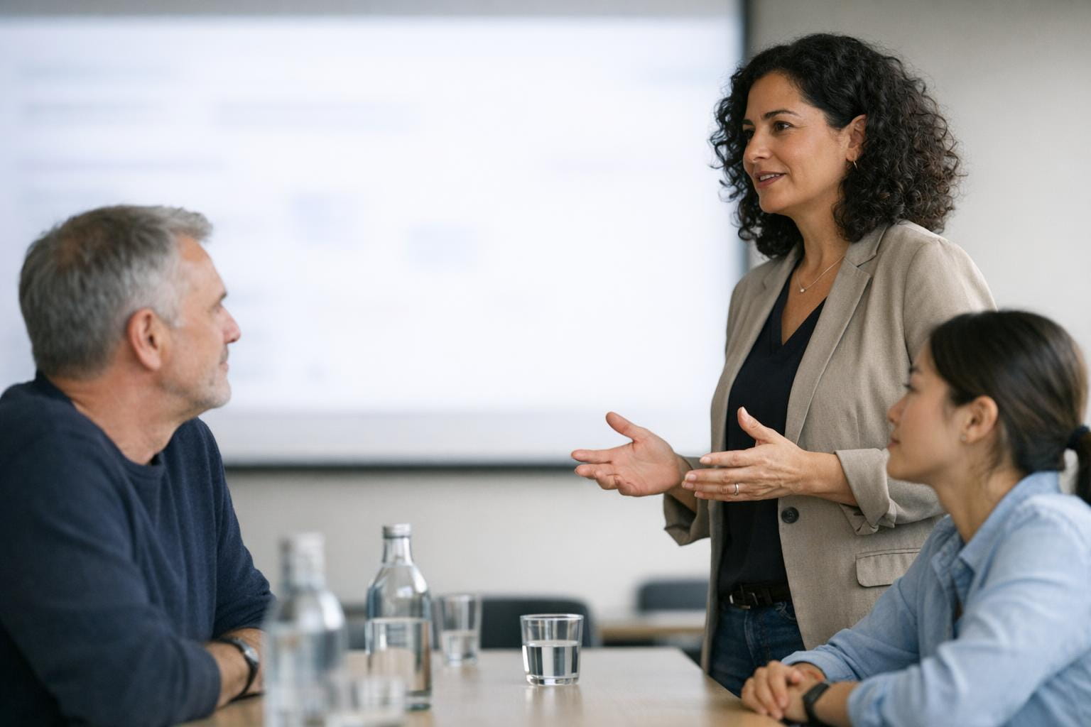 Beraterin erläutert Architekturentscheidungen und Vorgehensweise im Teammeeting