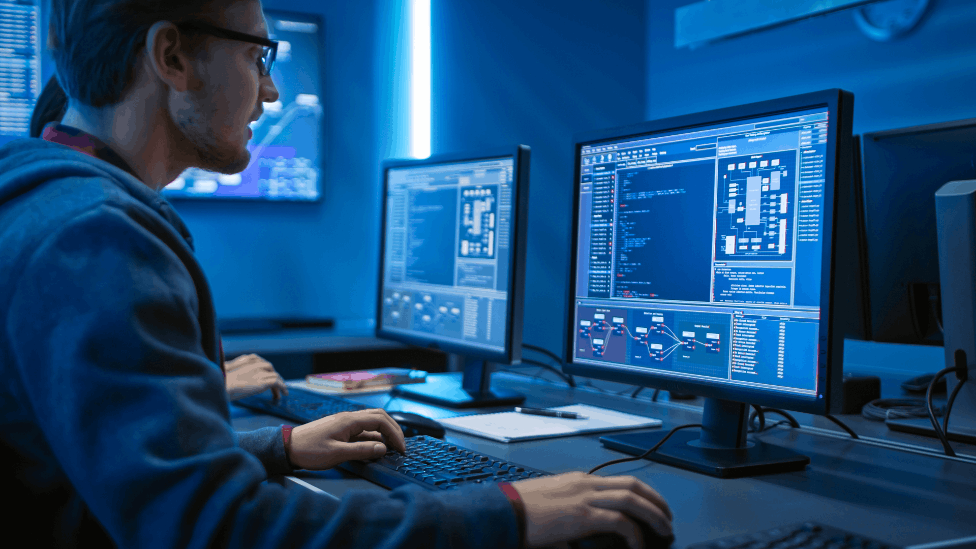 Softwareentwickler arbeitet an Code, Systemübersicht und technischer Betriebsumgebung