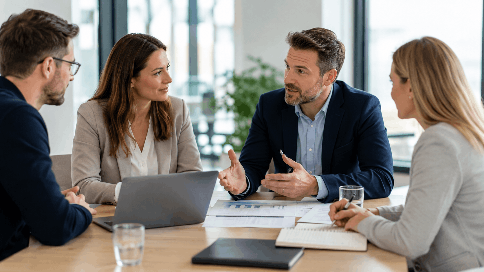 Projektteam stimmt Anforderungen, Prioritäten und nächste Schritte in einem Meeting gemeinsam ab
