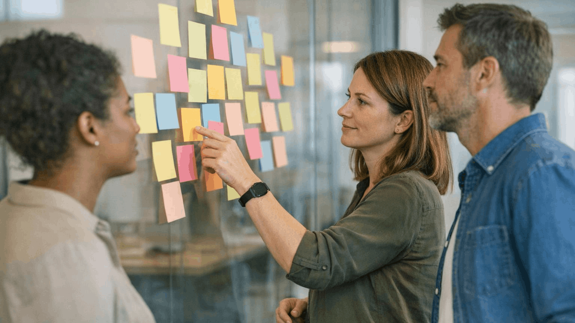Team strukturiert Ziele, Prioritäten und Maßnahmen für die digitale Transformation an einer Workshop-Wand