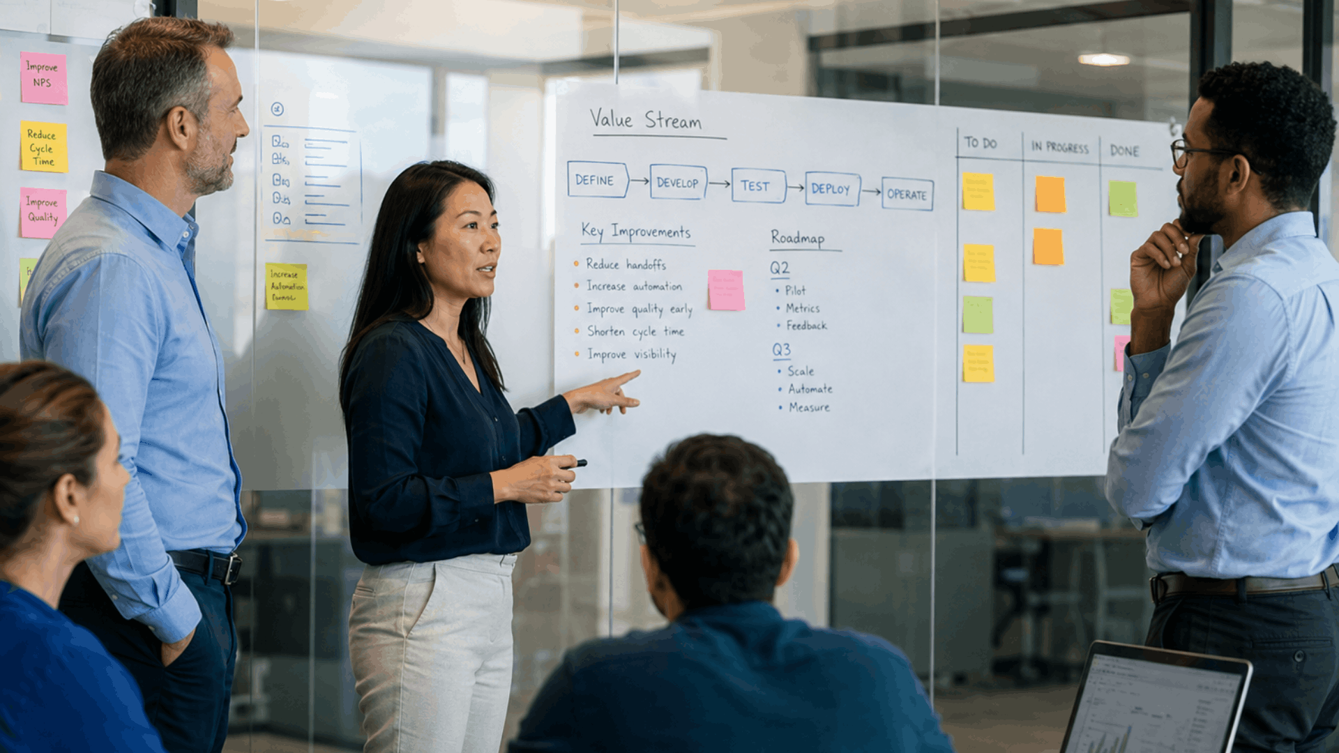 Team arbeitet in einem agilen Workshop Team arbeitet in einem agilen Workshop an Value Stream, Roadmap und Operating Model der agilen Transformation