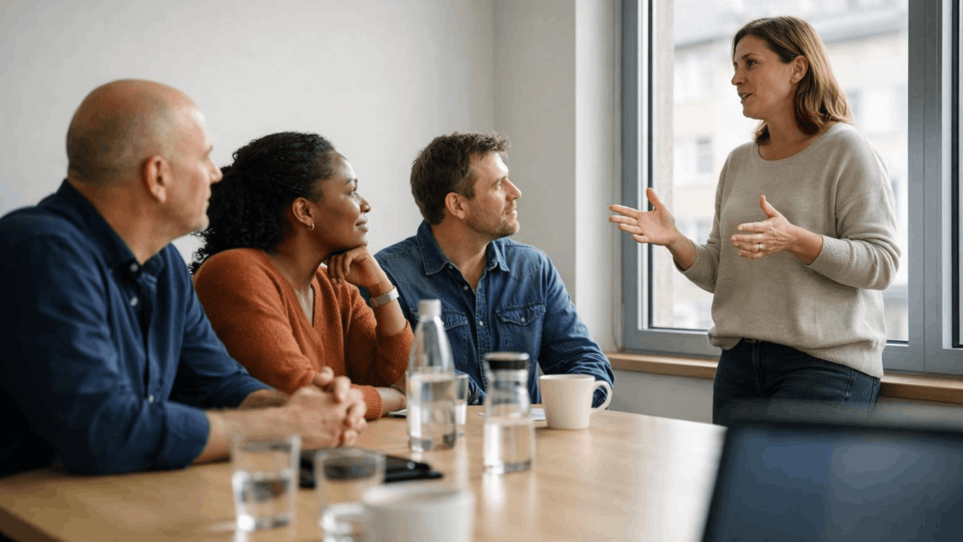 Führungskraft bespricht mit einem Team die Veränderung im Rahmen einer Agile Transformation Führungskraft bespricht mit einem Team Zusammenarbeit und Veränderung im Rahmen einer Agile Transformation
