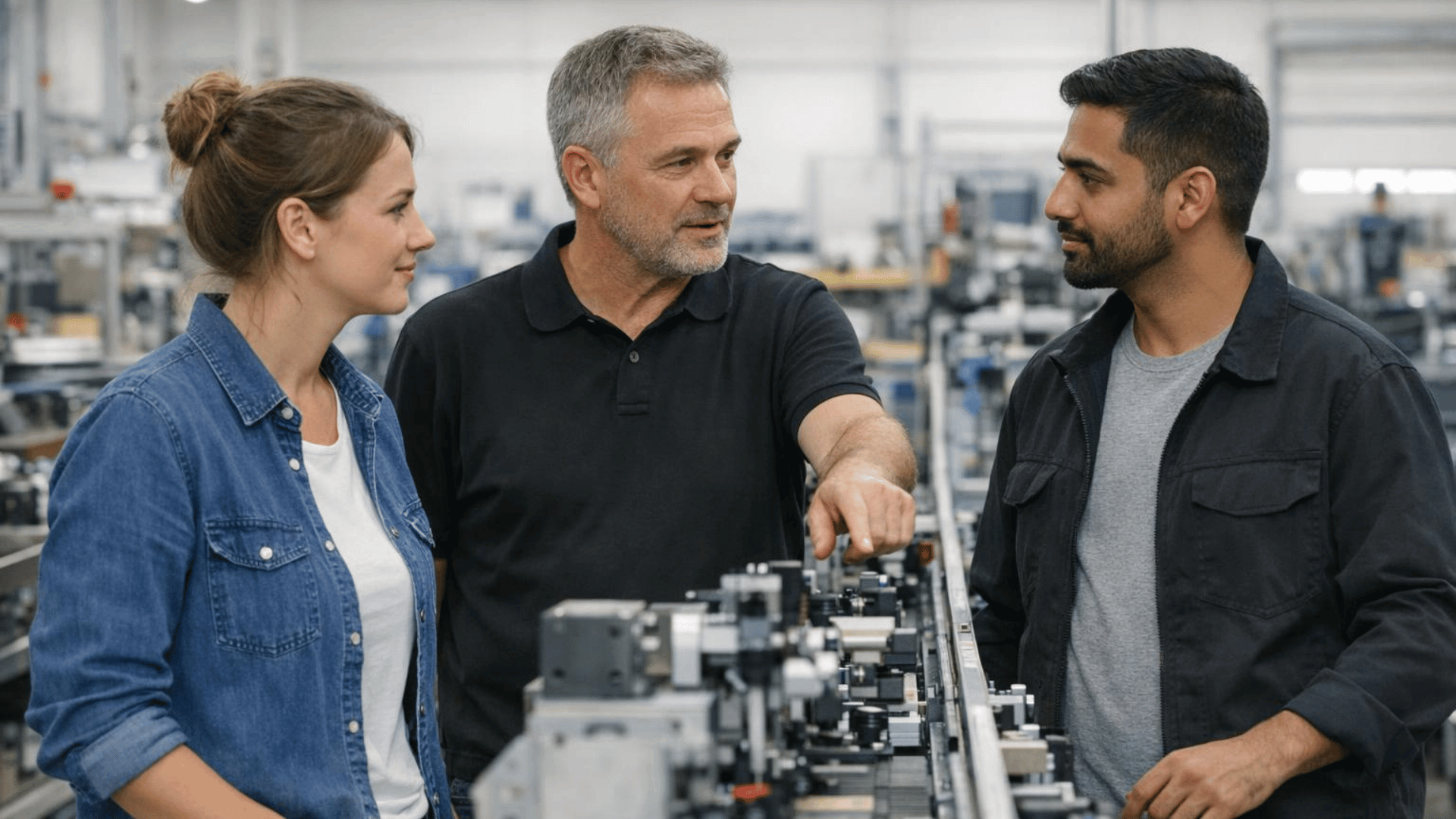 Team analysiert einen Produktionsablauf Team analysiert einen Produktionsablauf und bespricht Verbesserungen im Lean Management