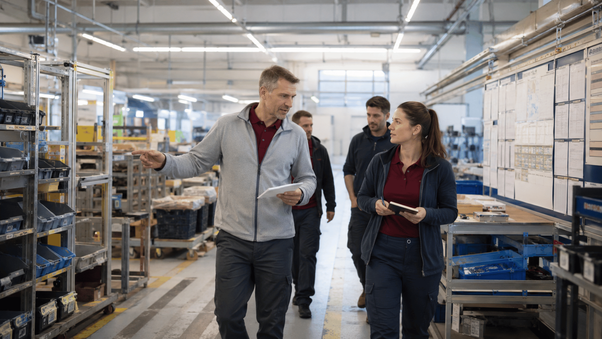 Team bespricht Lean-Management-Maßnahmen Team bespricht bei einem Rundgang durch die Produktion Lean-Management-Maßnahmen und Prozessverbesserungen