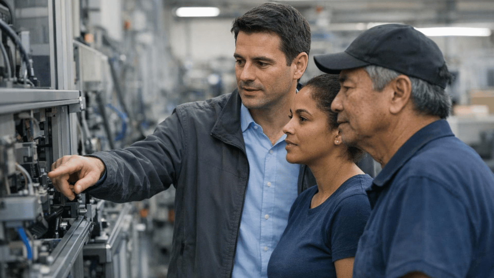 Führungskraft und Mitarbeitende prüfen einen Produktionsprozess Führungskraft und Mitarbeitende prüfen gemeinsam einen Produktionsprozess im Rahmen von Lean Management