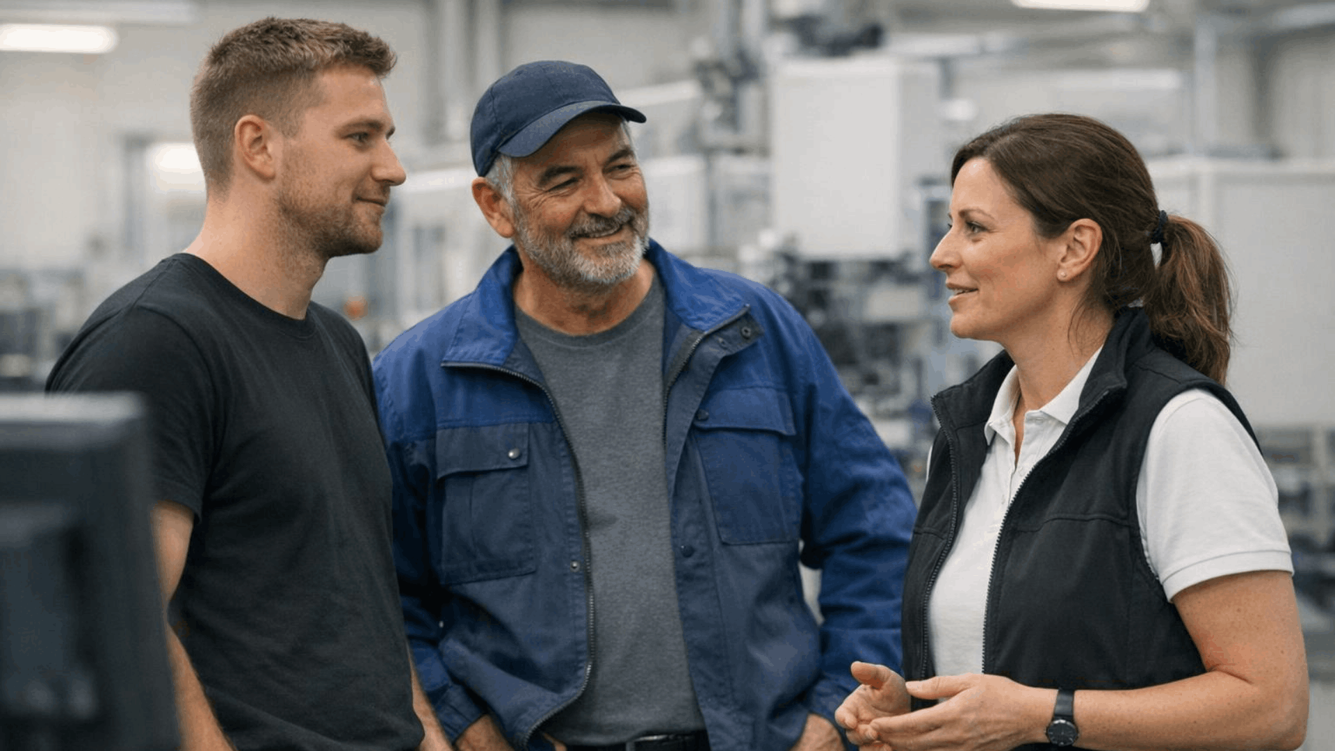 Führungskraft und Mitarbeitende stimmen Verbesserungen und Zusammenarbeit für Operational Excellence im Arbeitsalltag ab