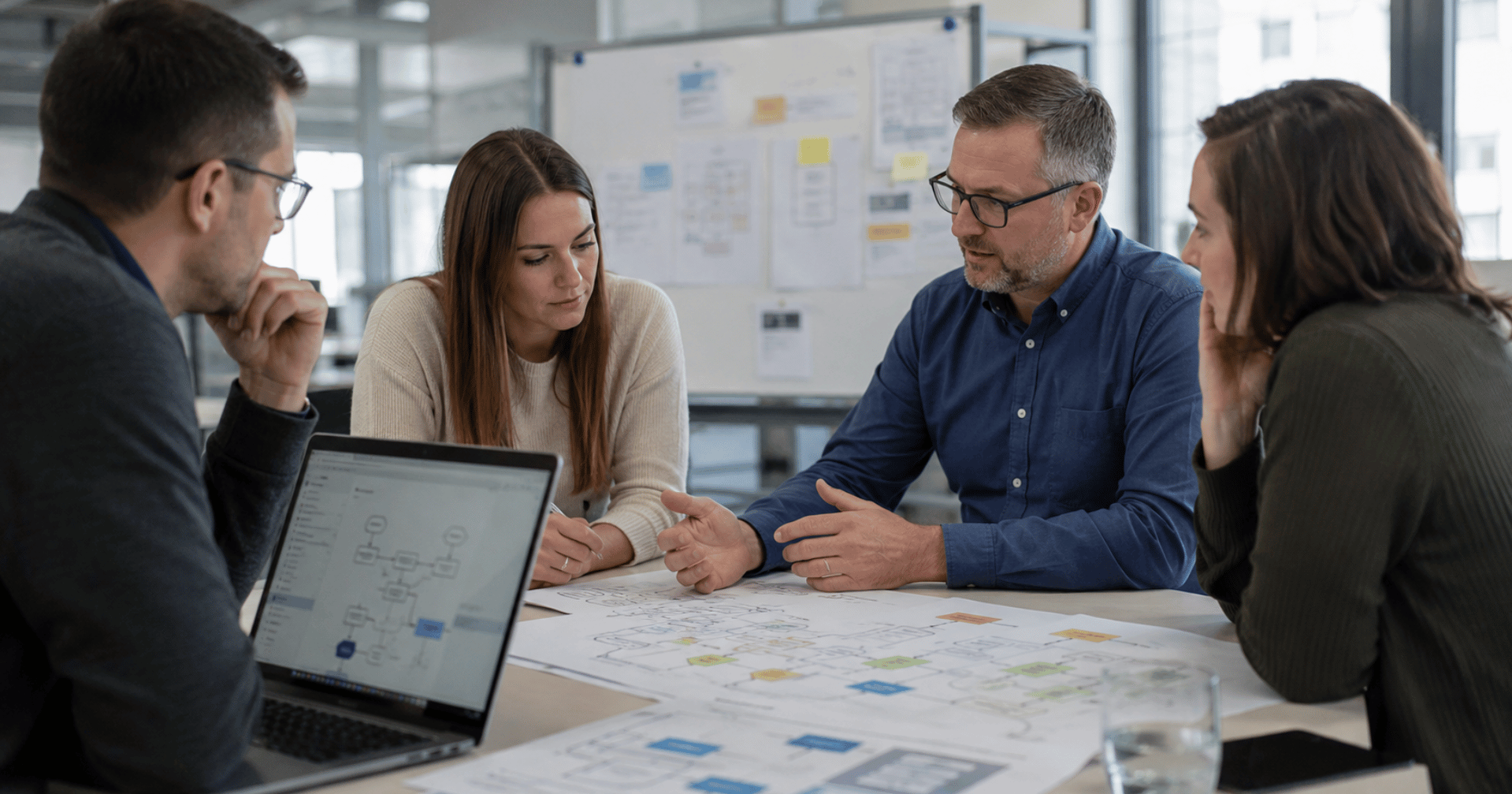 Team analysiert Prozessabläufe und Automatisierungspotenziale Team analysiert Prozessabläufe und Automatisierungspotenziale anhand von Workflow-Diagrammen im Unternehmen