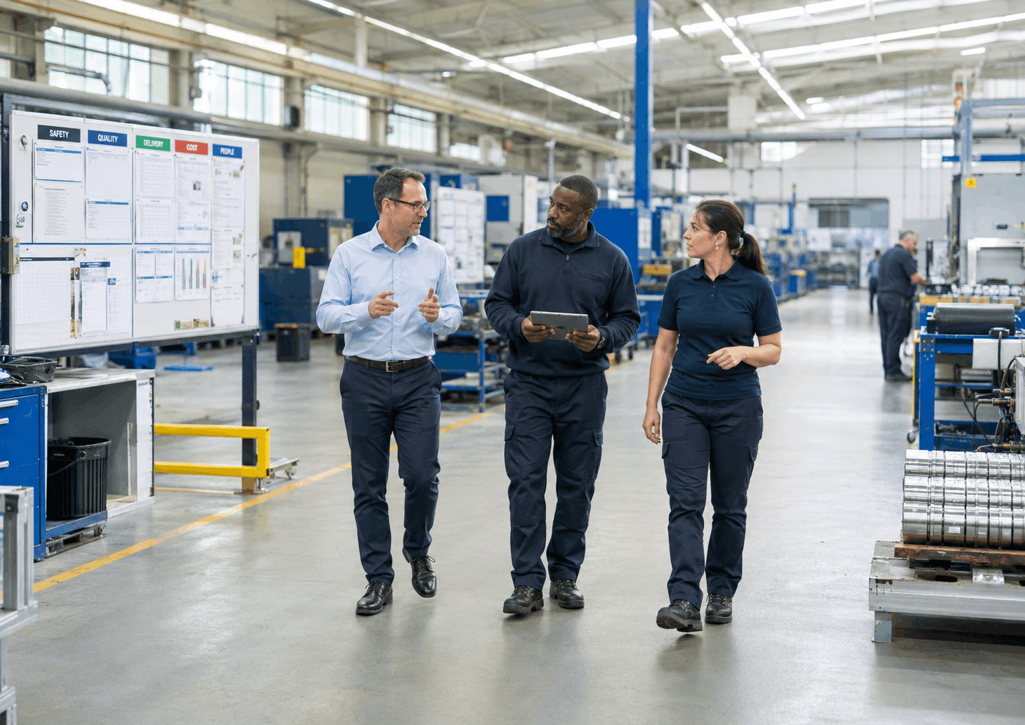 Führungskräfte besprechen auf dem Shopfloor Kennzahlen, Standards und Verbesserungen im Rahmen von Operational Excellence