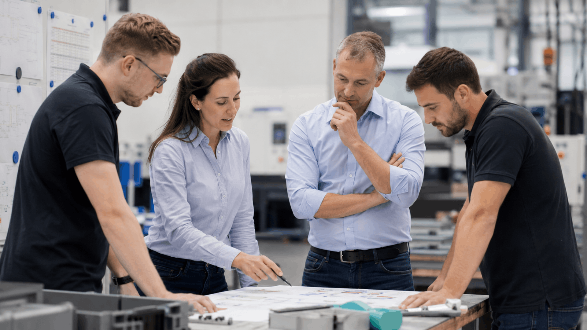 Team analysiert einen Prozessplan mit Lean Management Methoden zur Verbesserung von Durchlaufzeit und Arbeitsfluss