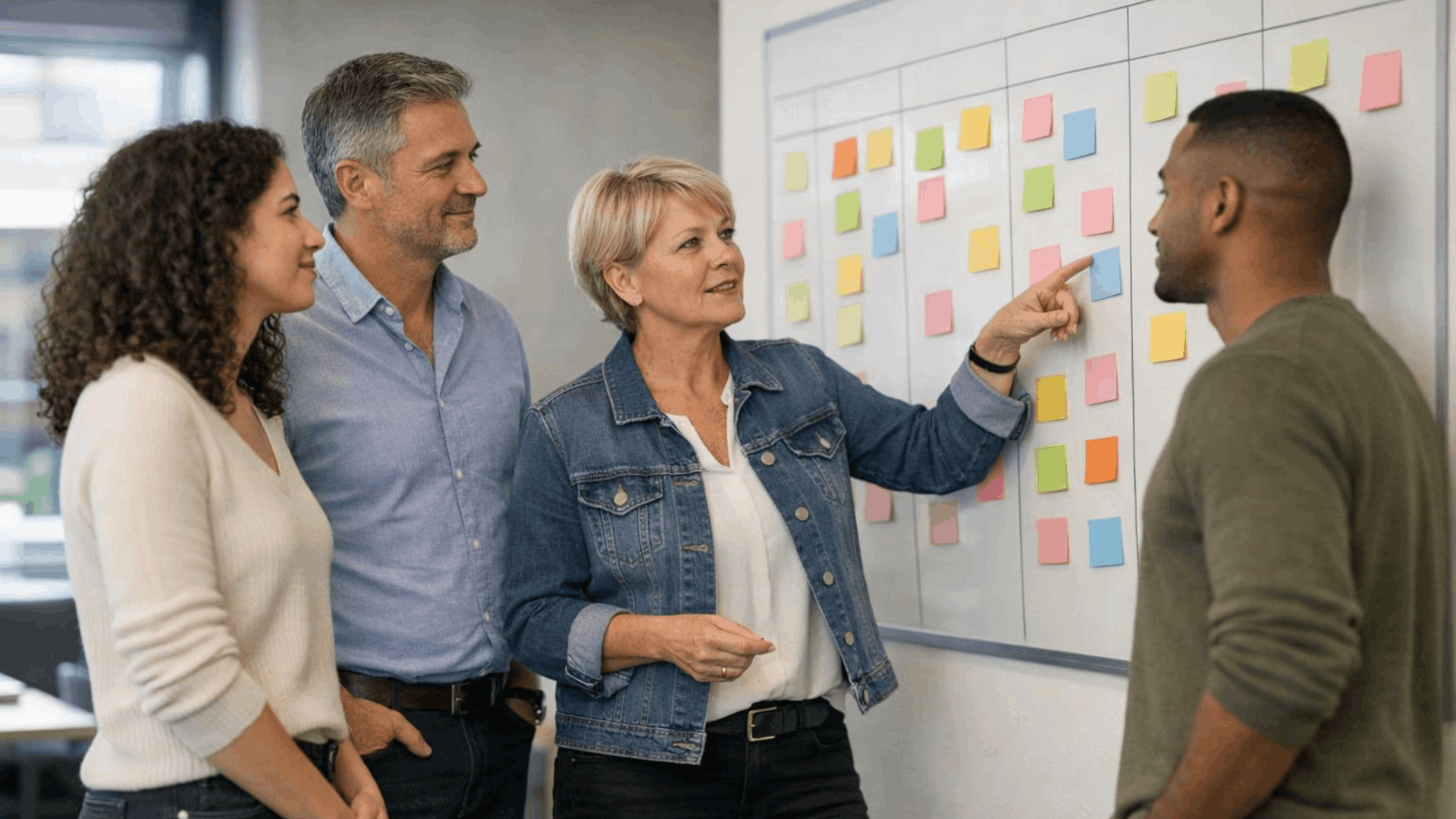 Team bespricht priorisierte Aufgaben an einem Kanban Board Team bespricht priorisierte Aufgaben an einem Kanban Board im agilen Projektmanagement