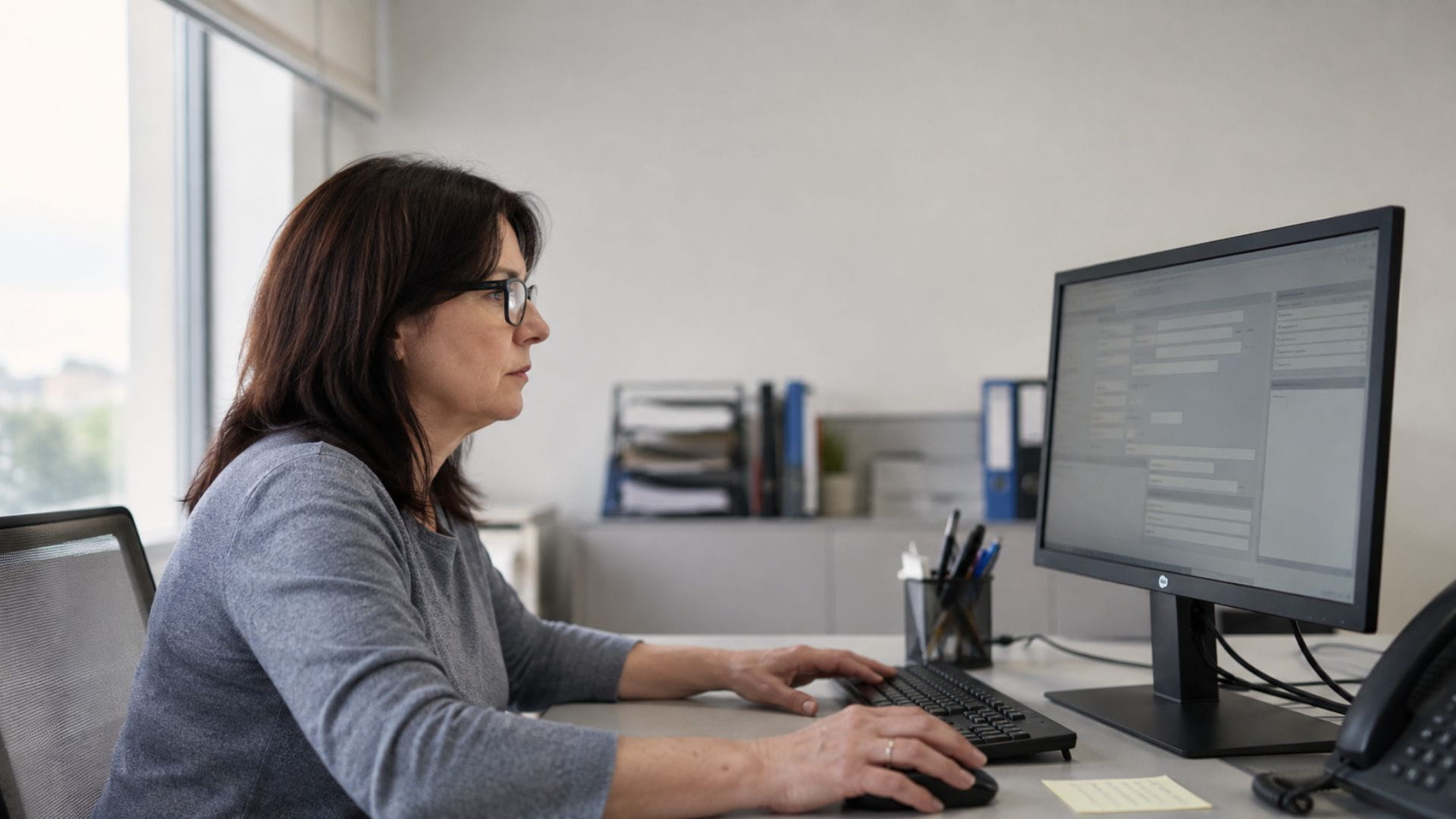 Mitarbeiterin prüft deren Usability Mitarbeiterin arbeitet mit einer internen Unternehmensanwendung und prüft deren Usability