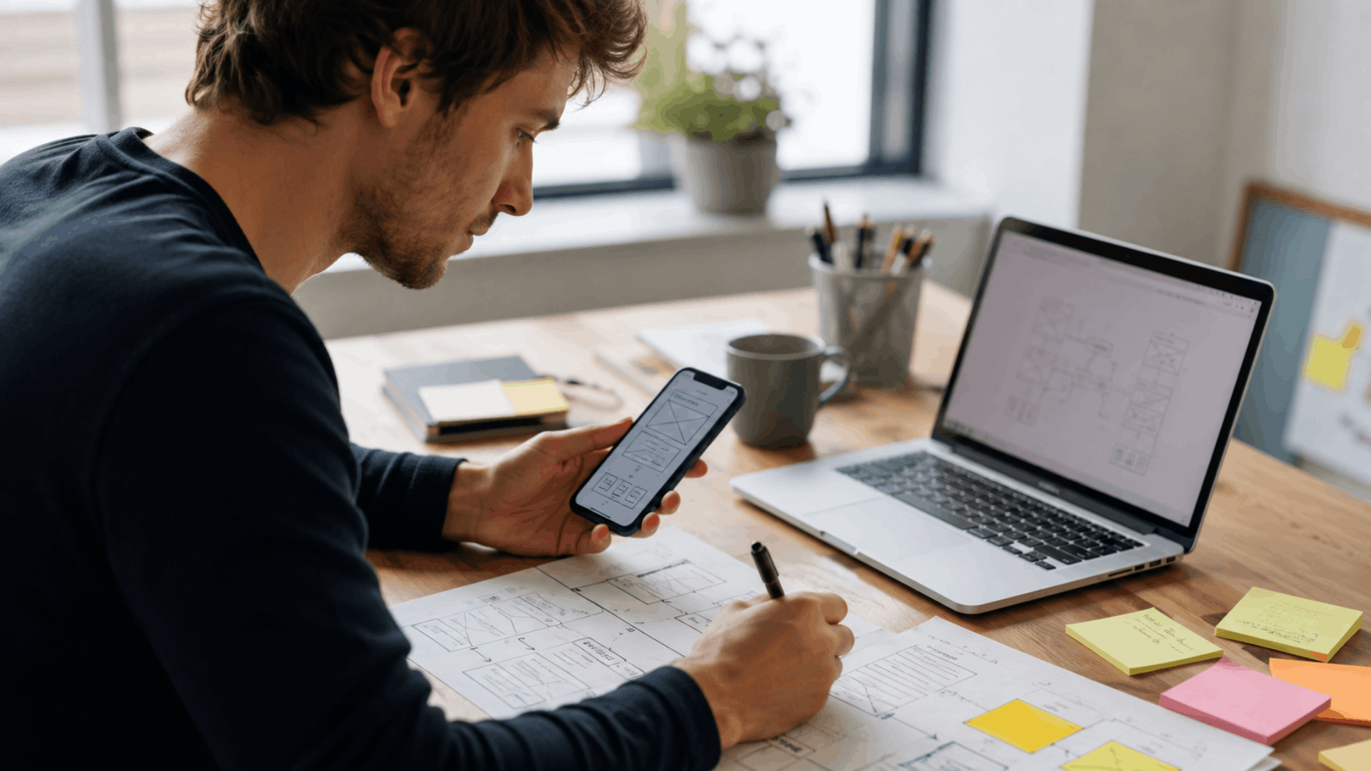 UX Designer prüft einen mobilen Prototyp UX Designer prüft einen mobilen Prototyp und überarbeitet den User Flow eines digitalen Produkts