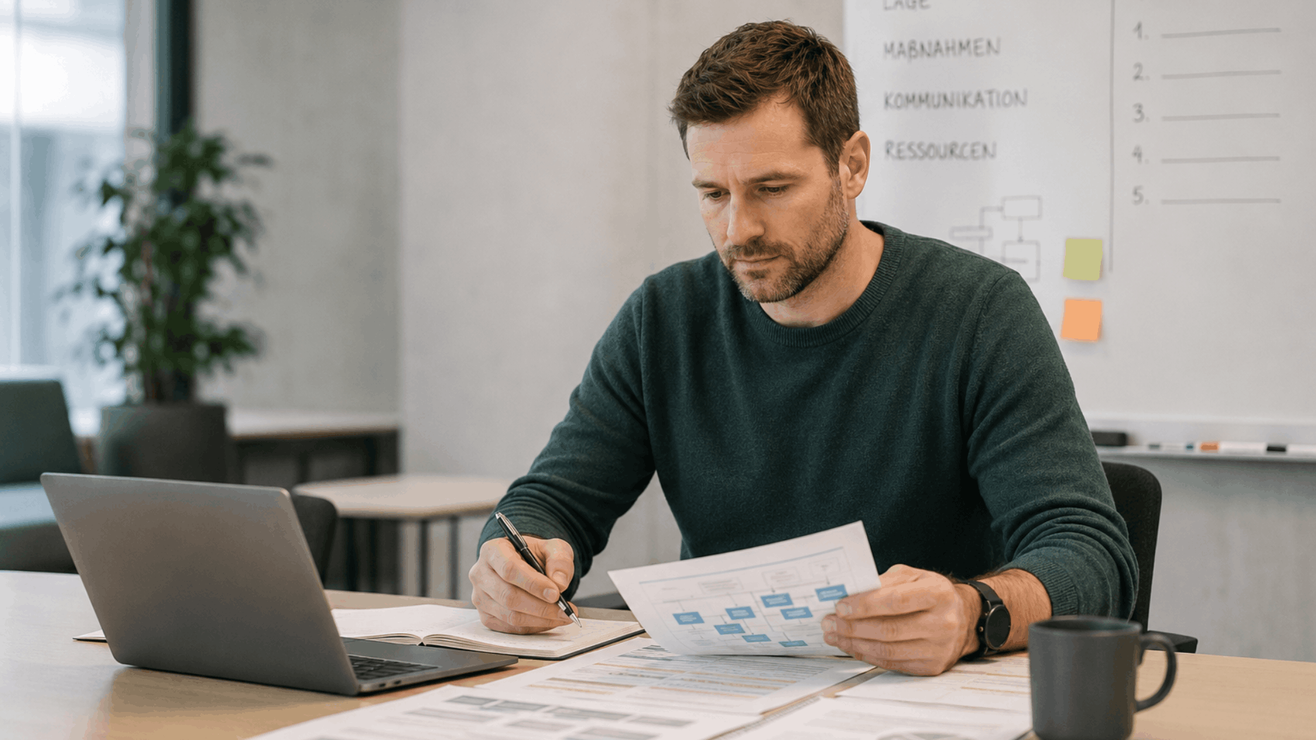 Verantwortlicher bewertet Lage, Prioritäten und Maßnahmen im Krisenmanagement eines Unternehmens