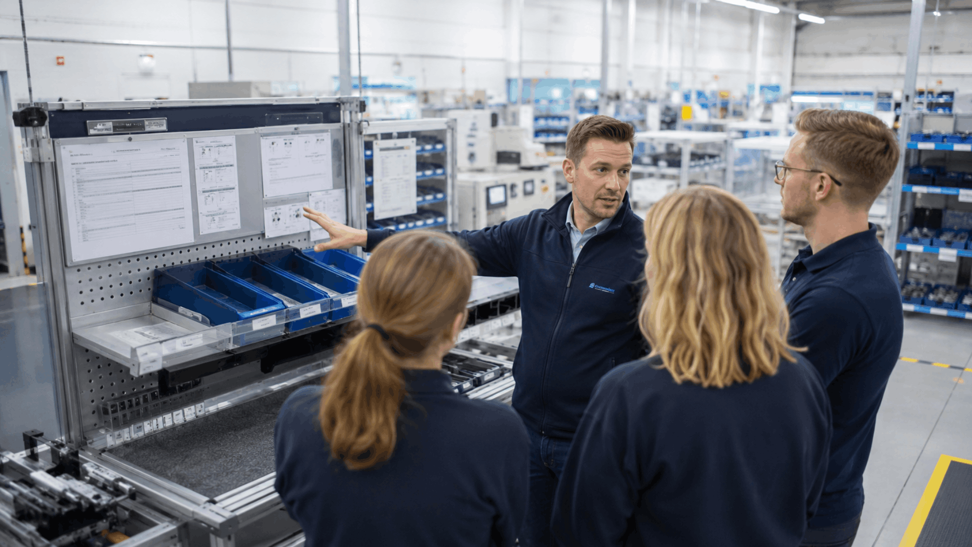 Team analysiert Arbeitsabläufe und visuelle Standards mit Lean Management Methoden in der Produktion